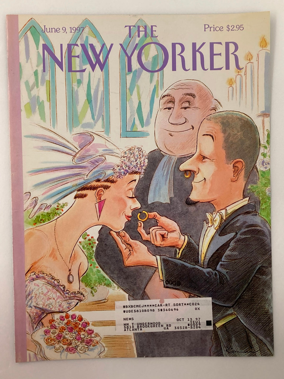 Cover of The New Yorker from June 9, 1997, illustrating 'Modern Marriage' by George Riemann, showing a bride and groom in a wedding ceremony, including details like floral decorations and a cheerful officiant.
