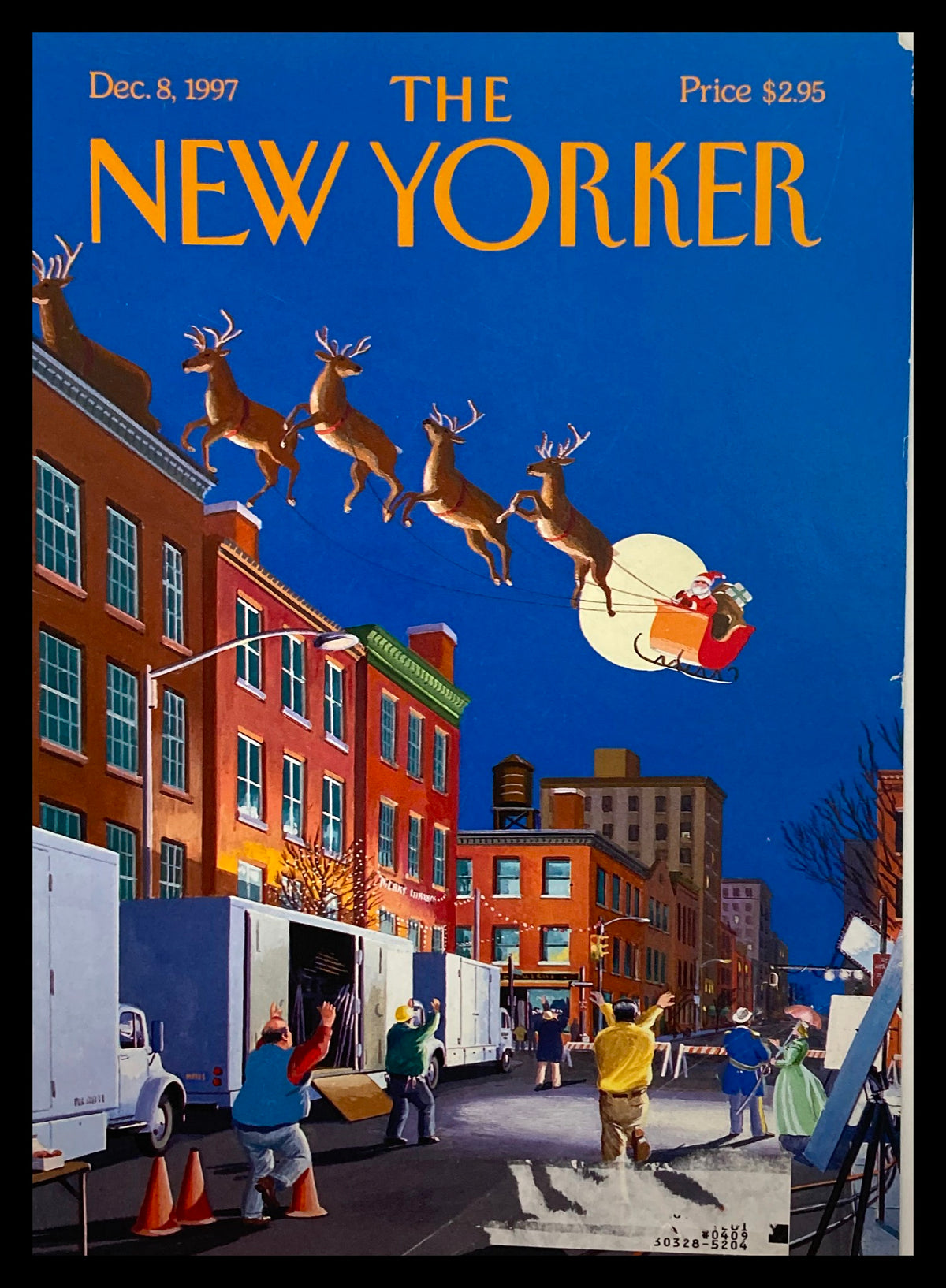 Cover of The New Yorker, December 8, 1997, titled "Cut!" by Bruce McCall, featuring a lively illustration of reindeer in flight over a bustling city scene.