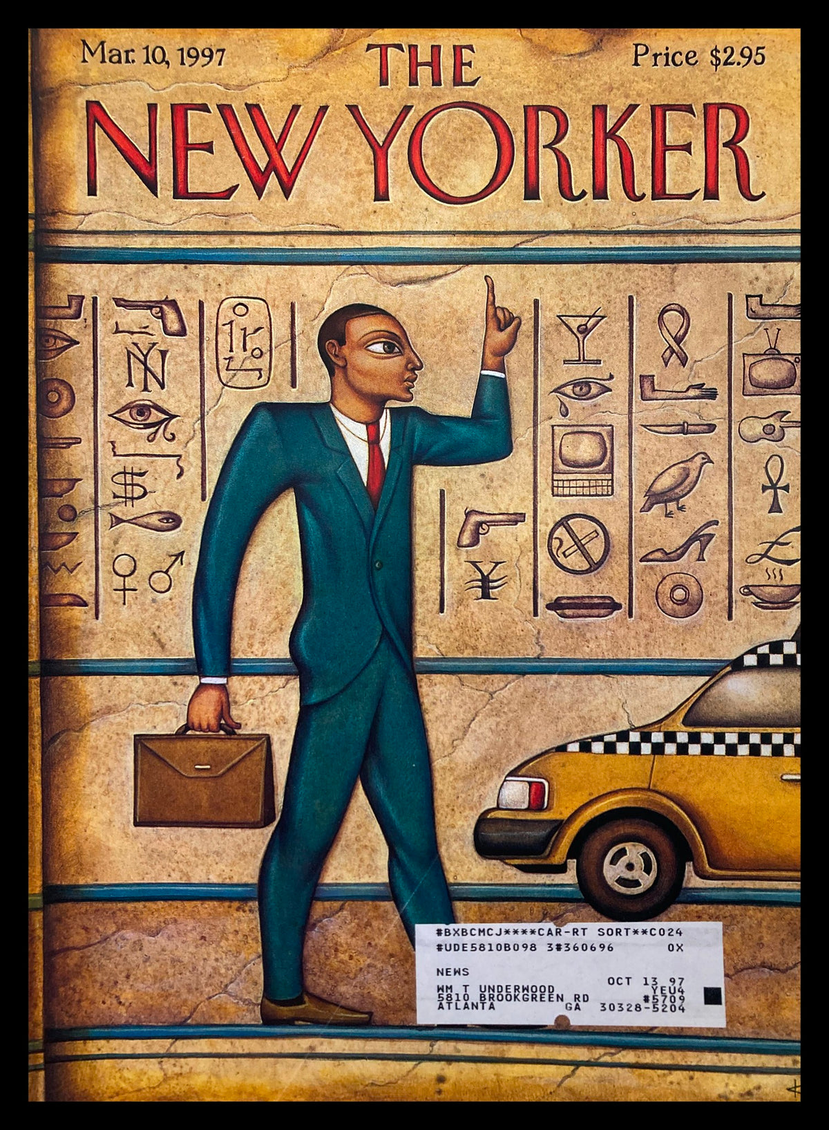 Cover of The New Yorker dated March 10, 1997 titled 'Tut's Taxi' featuring an illustration by Anita Kunz, depicting a suited man with a briefcase against a backdrop of hieroglyphics and a yellow taxi.
