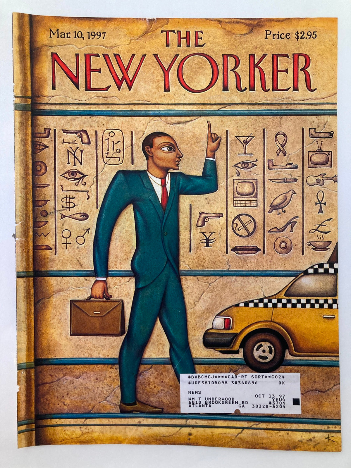 Cover only edition of The New Yorker from March 10, 1997 titled 'Tut's Taxi' by Anita Kunz, showcasing a businessman pointing in front of hieroglyphs and a yellow cab, ideal for collectors.