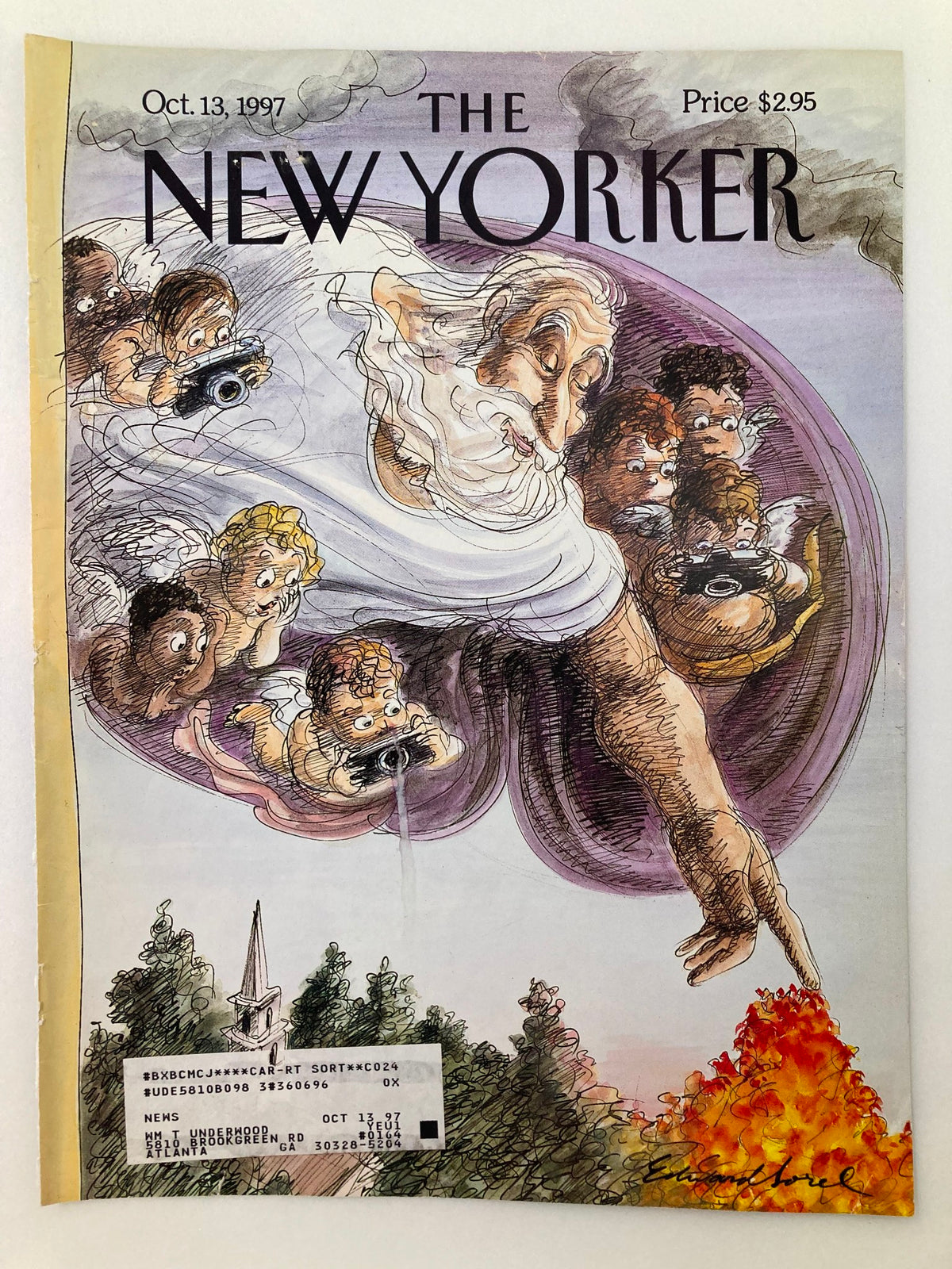 The New Yorker cover dated October 13, 1997, featuring Edward Sorel's colorful artwork, highlighting a playful scene in fall tones, ideal for framing and display.