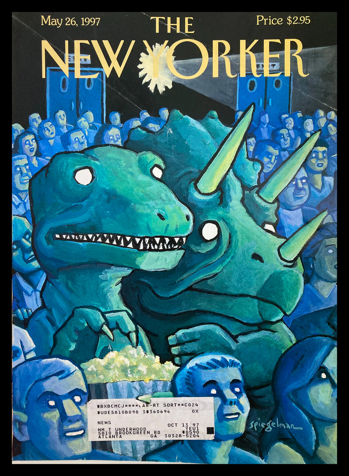 Cover of The New Yorker dated May 26, 1997, featuring a vibrant illustration by Art Spiegelman with dinosaurs and a crowd, emphasizing the magazine's humor and social commentary.