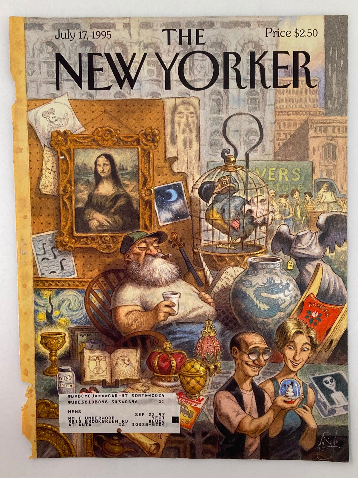 Close-up of The New Yorker cover from July 17, 1995, showcasing Peter de Seve's illustration 'The Treasure' with notable wear and tear that adds vintage character to the piece.