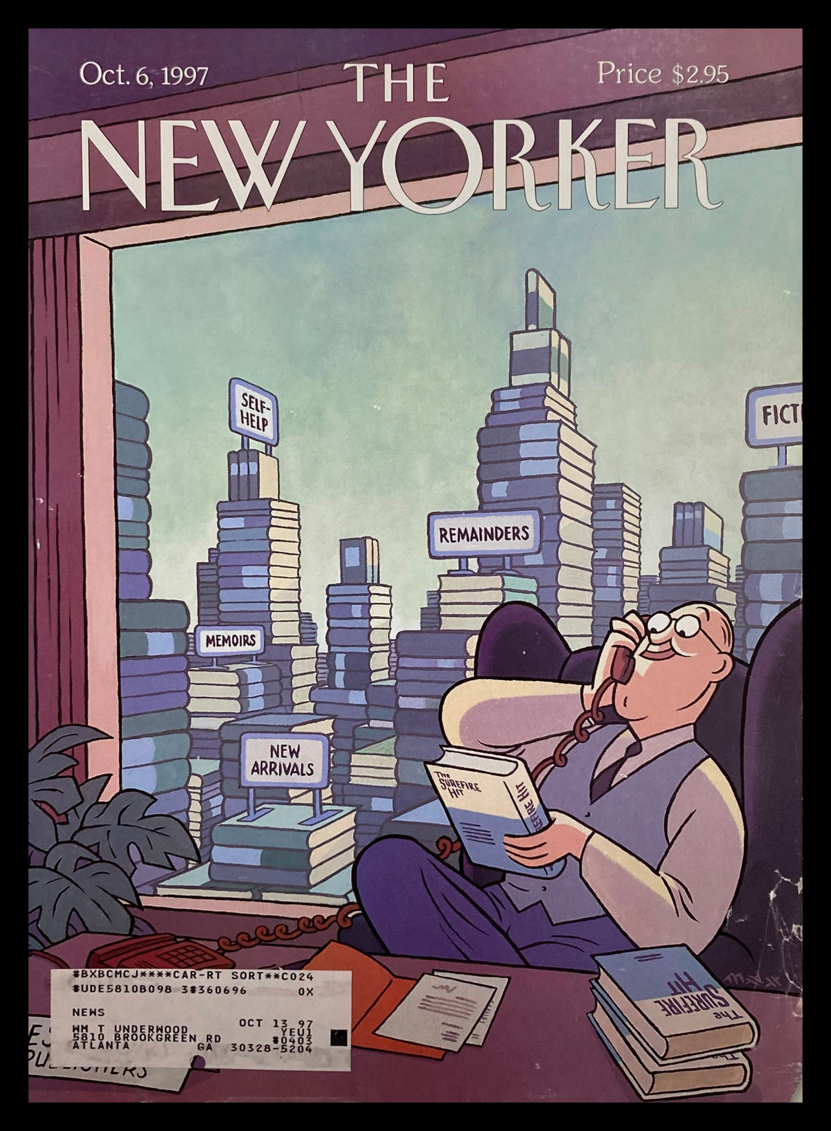 COVER ONLY The New Yorker October 6, 1997 Tall Stories by Max featuring a whimsical illustration of a man sitting in an office surrounded by tall stacks of books labeled with various genres, such as 'Self Help' and 'Memoirs'.