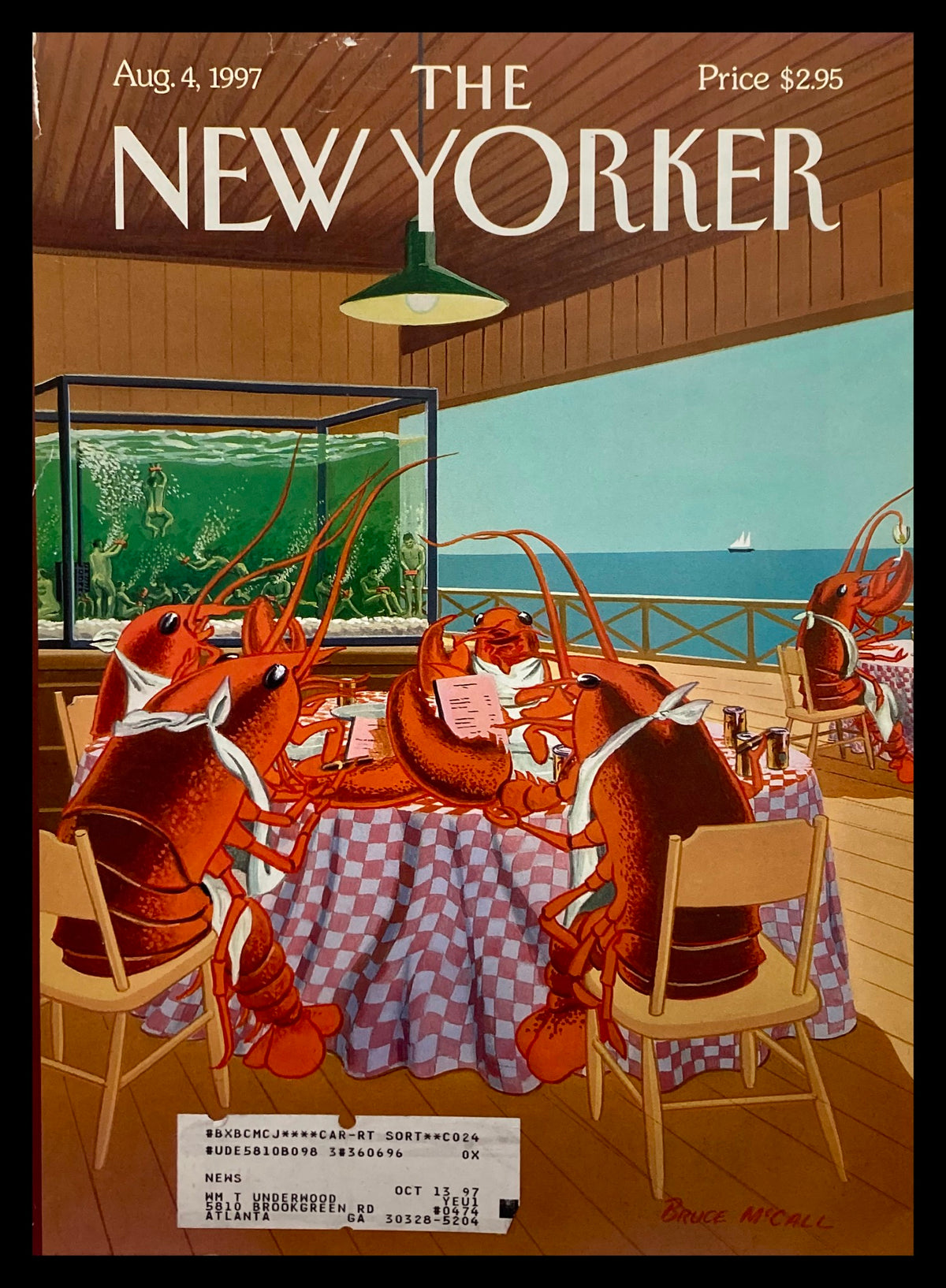 Cover of The New Yorker, August 4, 1997, titled 'Lobsterman's Special' by Bruce McCall, featuring a whimsical illustration of lobsters at a dining table with a view of the sea.