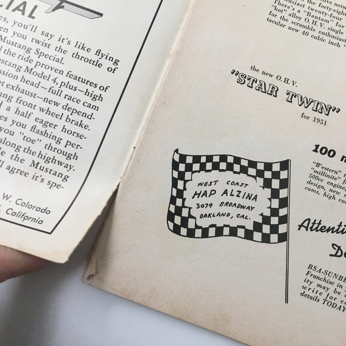 Page from VTG Cycle Magazine August 1951 featuring an advertisement for the new O.H.V. Star Twin motorcycle, emphasizing vintage automotive marketing.