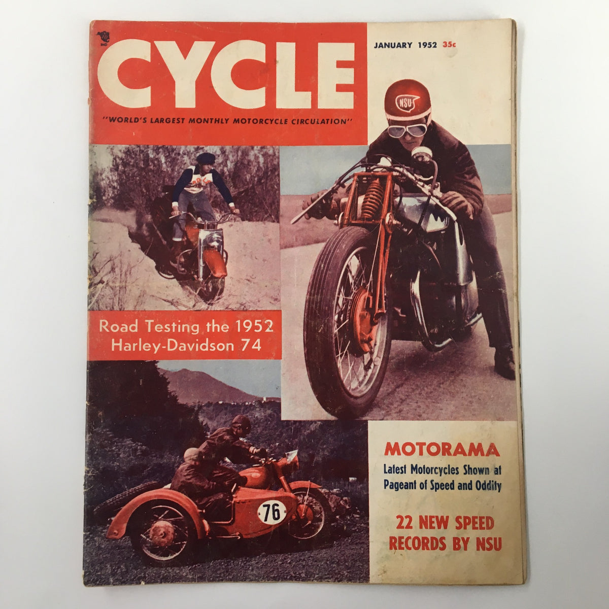 Cover of VTG Cycle Magazine January 1952 featuring Stroker & Cyclist Bill Mills of Burbank with motorcycles and a vintage design.