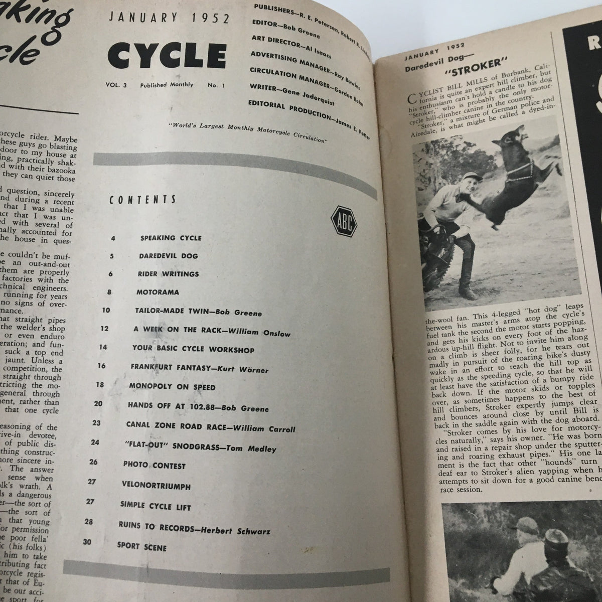 Contents page of VTG Cycle Magazine January 1952 listing articles including Stroker & Cyclist Bill Mills of Burbank.