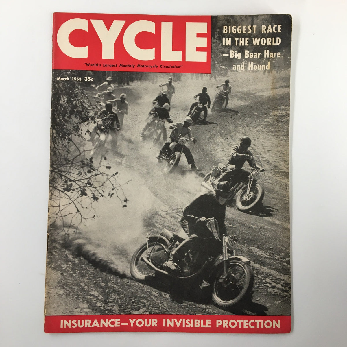 Cover of VTG Cycle Magazine March 1953 featuring the Big Bear Hare and Hound race, showcasing motorcycle racers during the thrilling event.