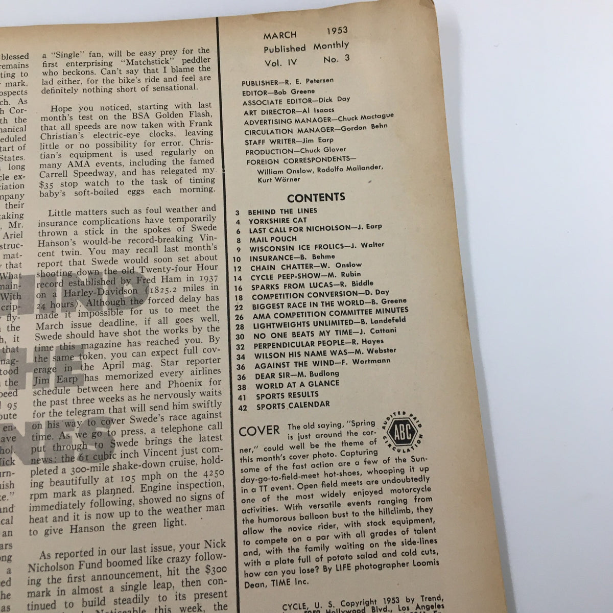 Inside page of VTG Cycle Magazine March 1953 displaying the table of contents and publication details.