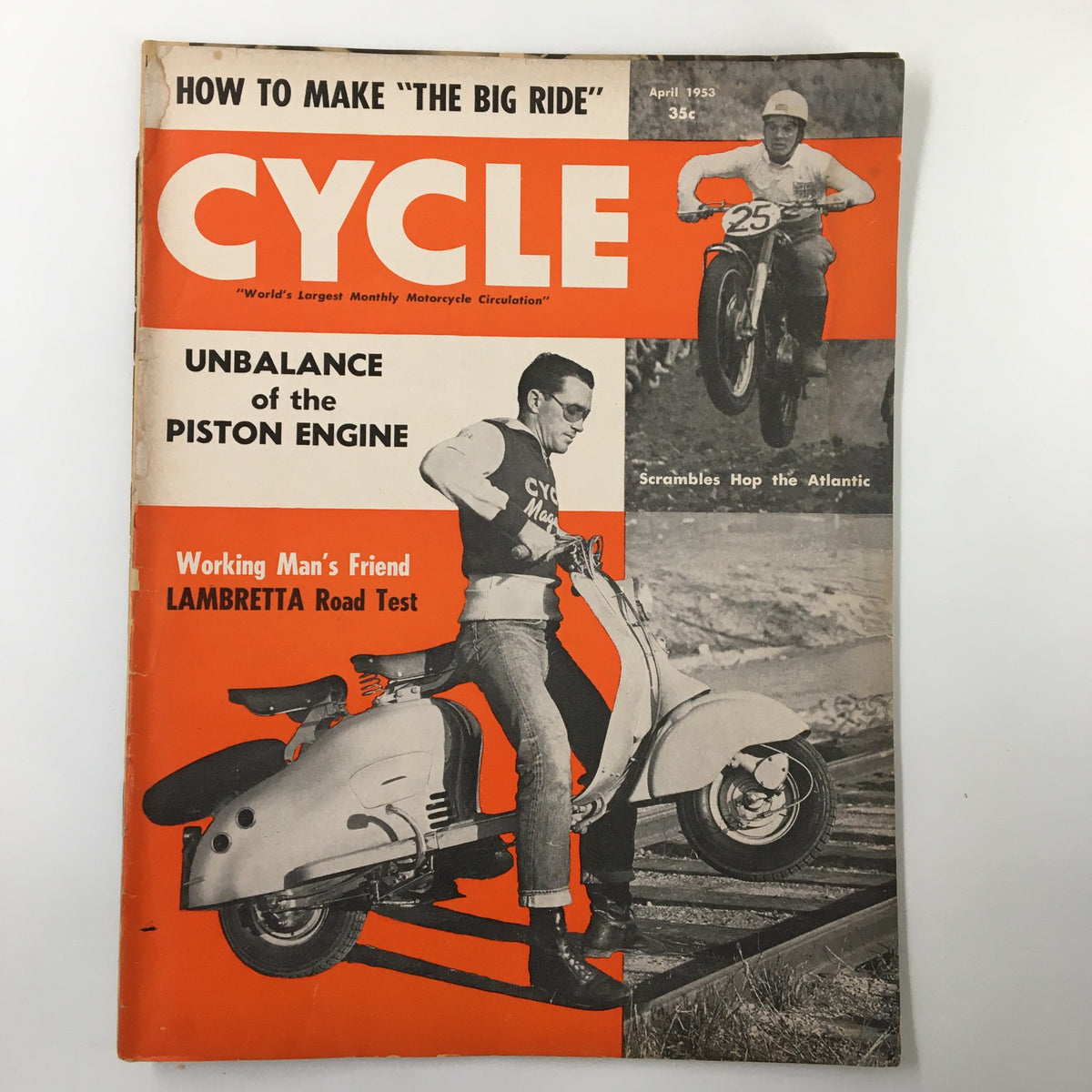 April 1953 Cycle Magazine featuring the Scrambles Event from Queen's Island, showcasing a vintage cover with a rider on a Lambretta scooter and a motocross racer. This collectible magazine highlights motorcycle culture and events from the 1950s.
