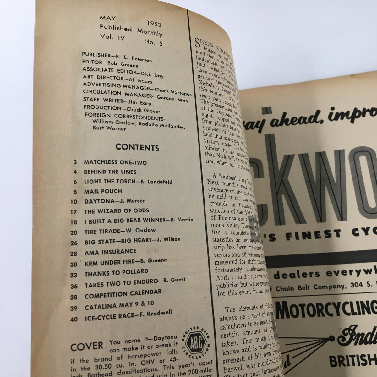 Inside page of VTG Cycle Magazine May 1953 displaying the table of contents with article titles such as 'I Built A Big Bear Winner' and 'DAYTONA'.