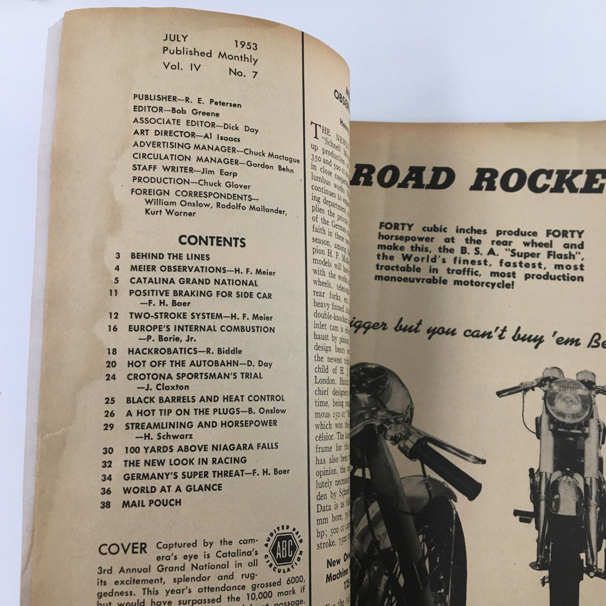 Inside view of the VTG Cycle Magazine July 1953 displaying the contents page, highlighting articles related to motorcycle racing and features.