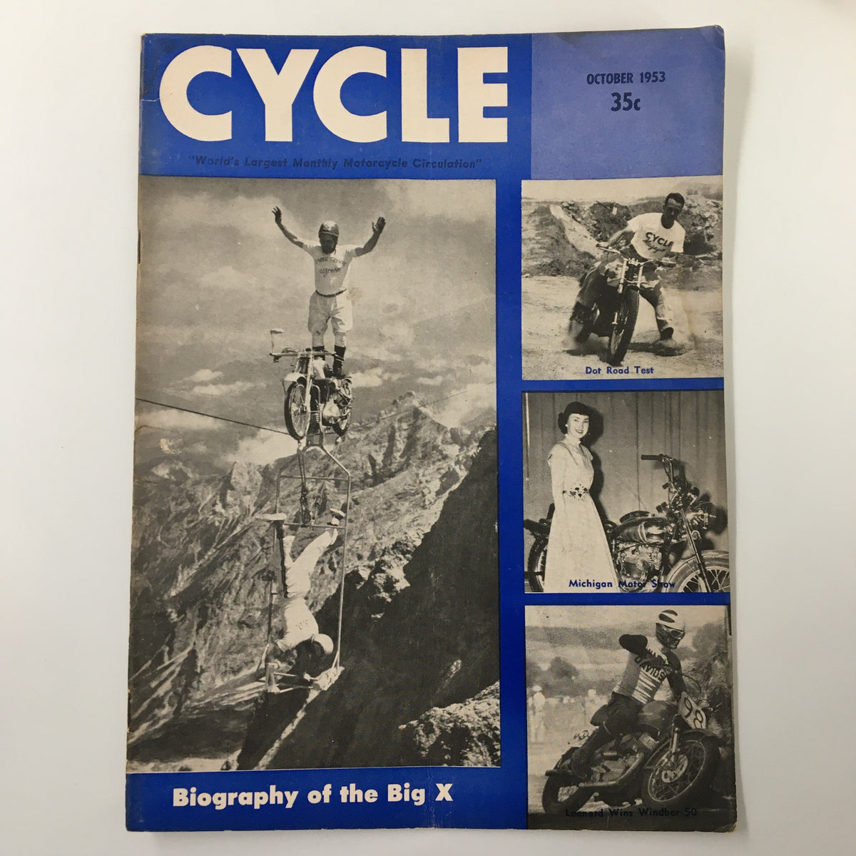 VTG Cycle Magazine October 1953 cover featuring the feature article 'Biography of the Big X', showcasing vintage motorcycle culture with images of motorcyclists and stunts.