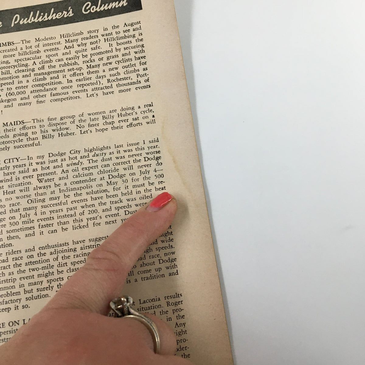 Detail of the publisher's column in the VTG Cycle Magazine October 1953, highlighting historical motorcycle events and insights related to cycling culture.