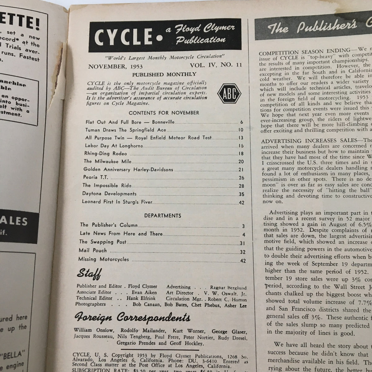 Contents page of VTG Cycle Magazine November 1953 listing articles and features related to motorcycle culture and events.