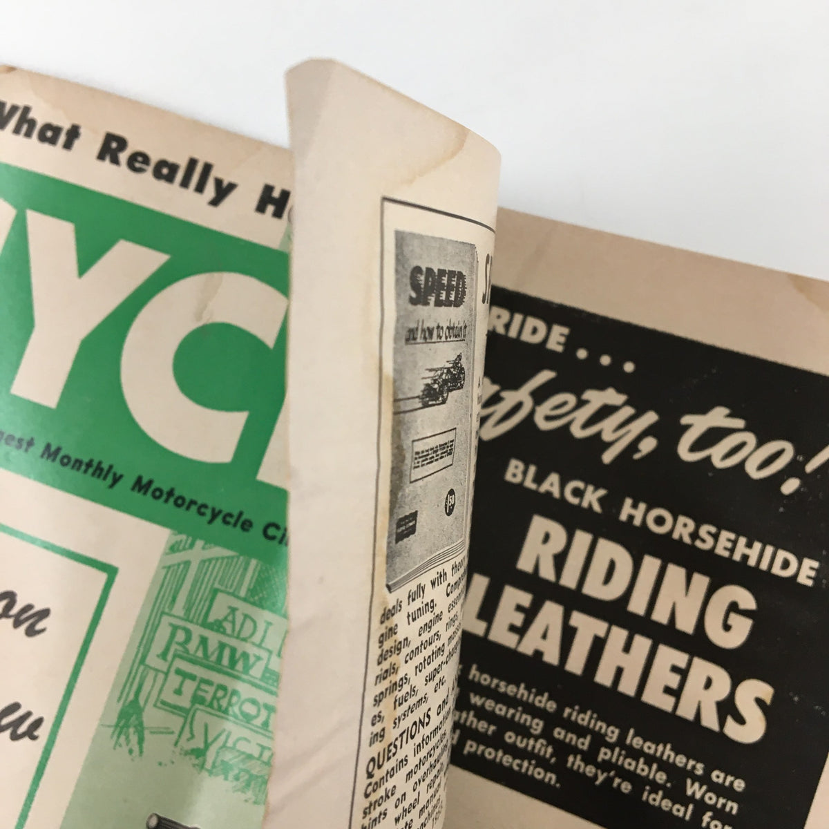 Inside view of the VTG Cycle Magazine January 1954, displaying vintage ads and historical motorcycle content related to 'The Harley Story You've Never Read'.