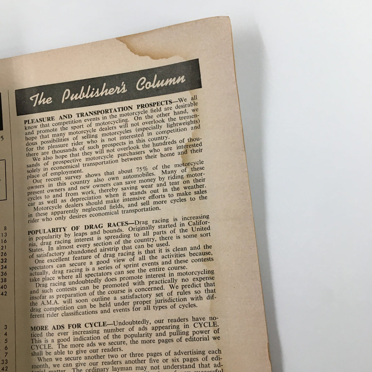 The Publisher's Column from VTG Cycle Magazine May 1954 Bobby Hill Zundapp Scooter Road Test, detailing motorcycle competition and trends.