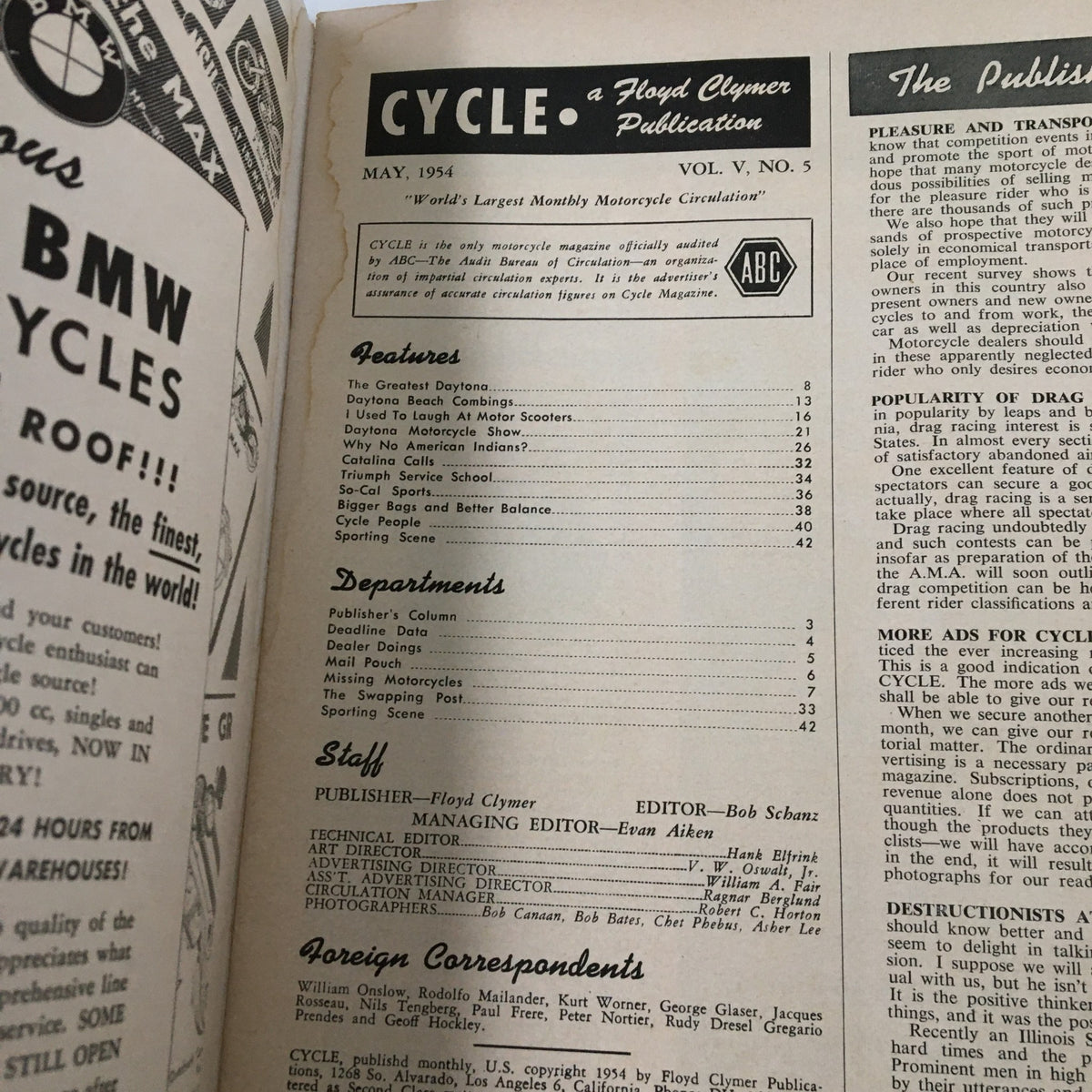 Table of Contents from VTG Cycle Magazine May 1954 Bobby Hill Zundapp Scooter Road Test, showcasing features and departments within the issue.