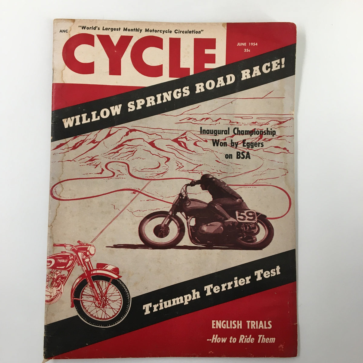 Cover of VTG Cycle Magazine June 1954 featuring motorcycle racing and the topic 'English Trials and How To Ride Them' with vintage design elements.