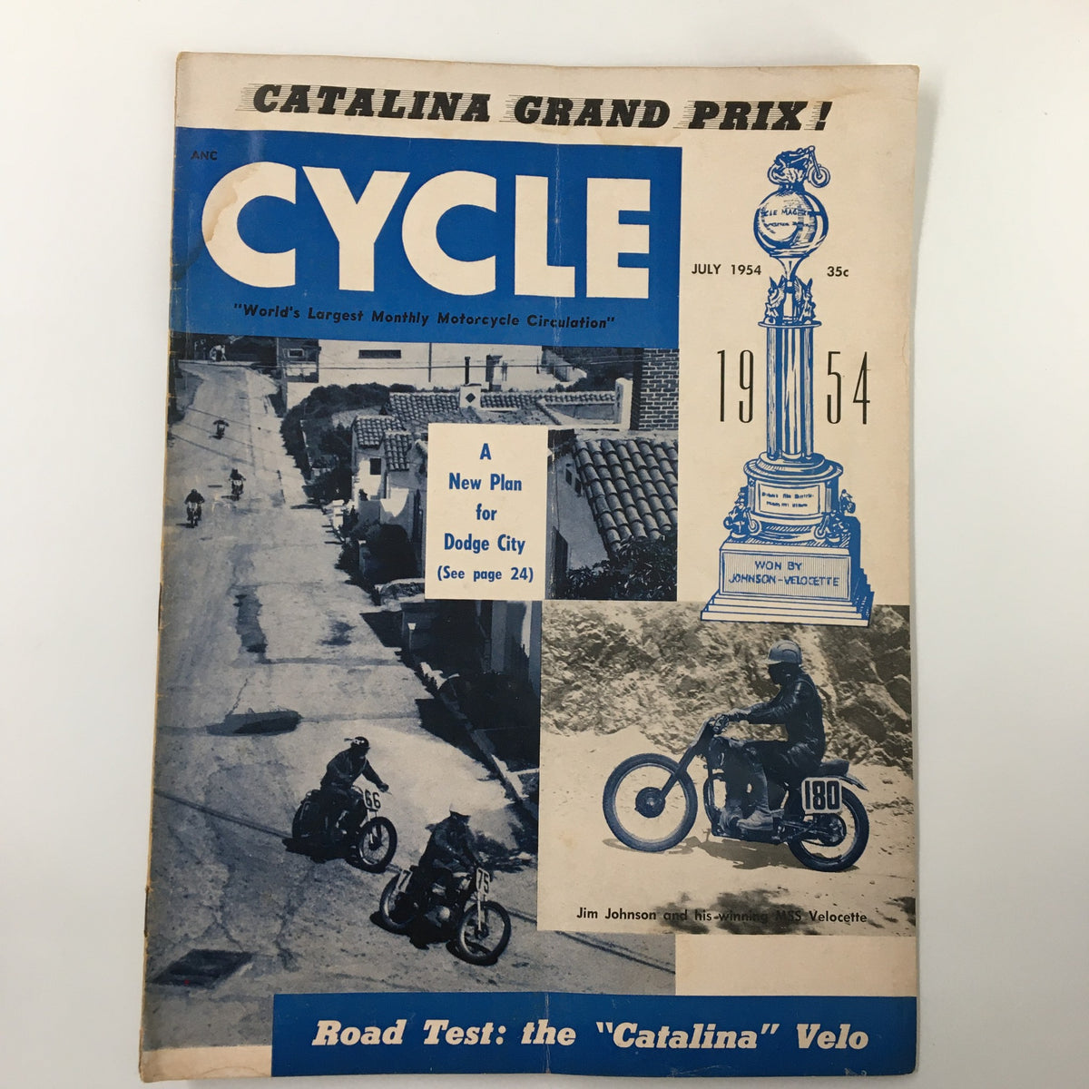 Cover of VTG Cycle Magazine July 1954 featuring the road test for The 'Catalina' Velo, showcasing vintage motorcycle imagery, the Catalina Grand Prix, and other features from mid-20th century cycling culture.