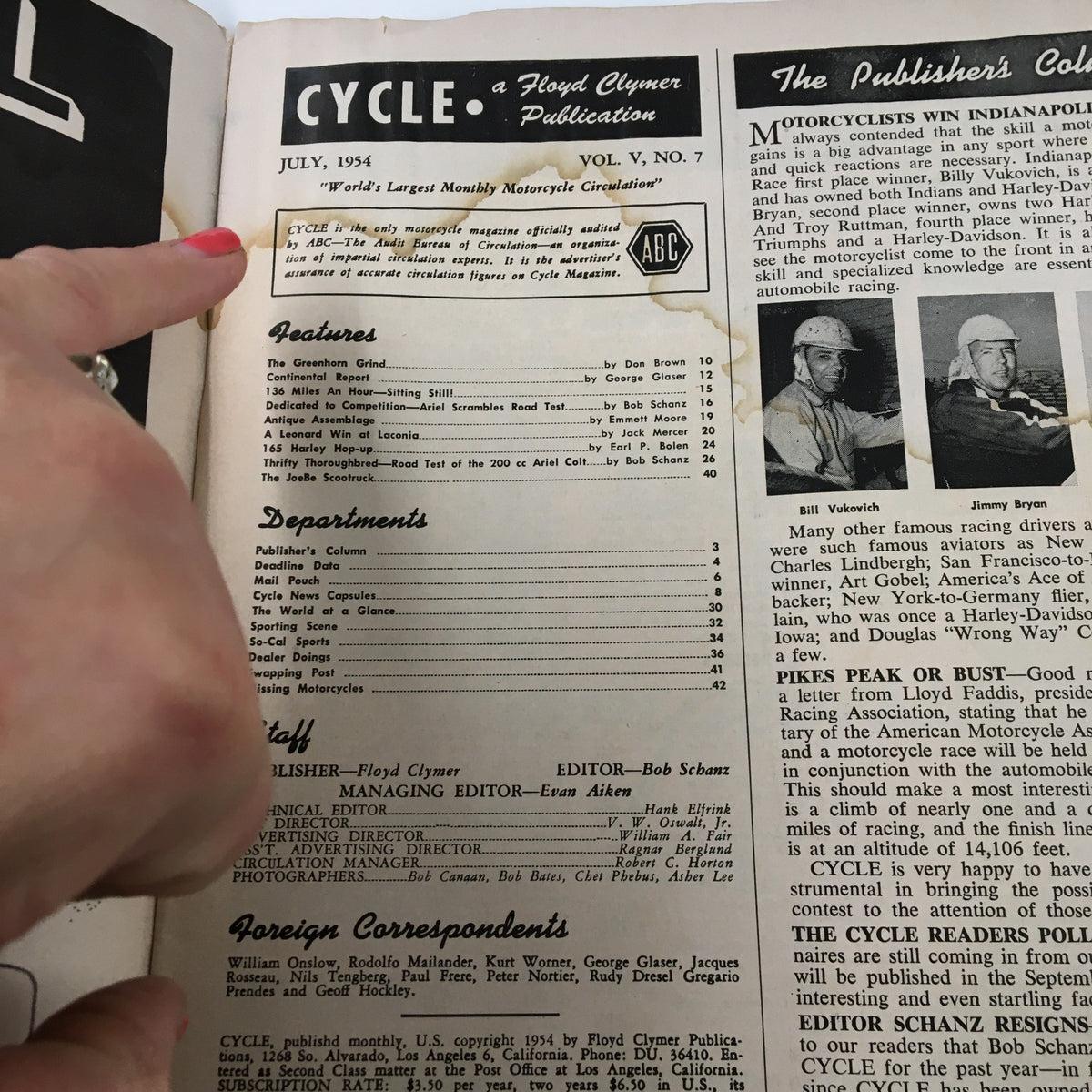 Inside page of VTG Cycle Magazine August 1954, displaying the publication details and listing notable features from the motorcycle era.