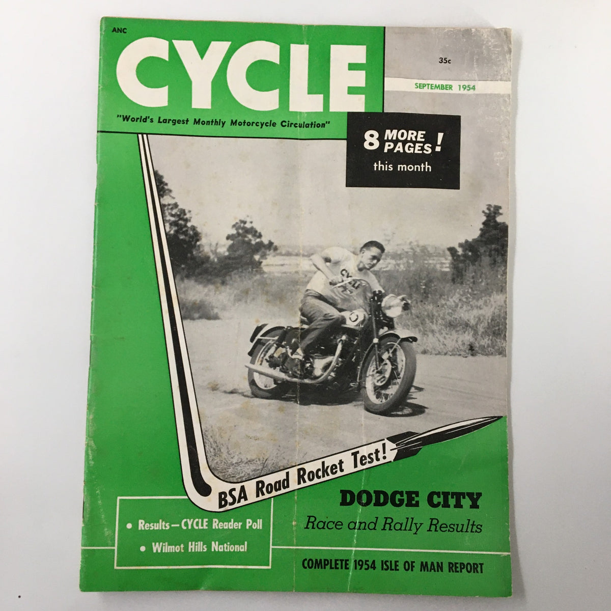 Cycle Magazine September 1954 featuring Dodge City Race and Rally Results, showcasing a vintage motorcycle and rider on the cover.