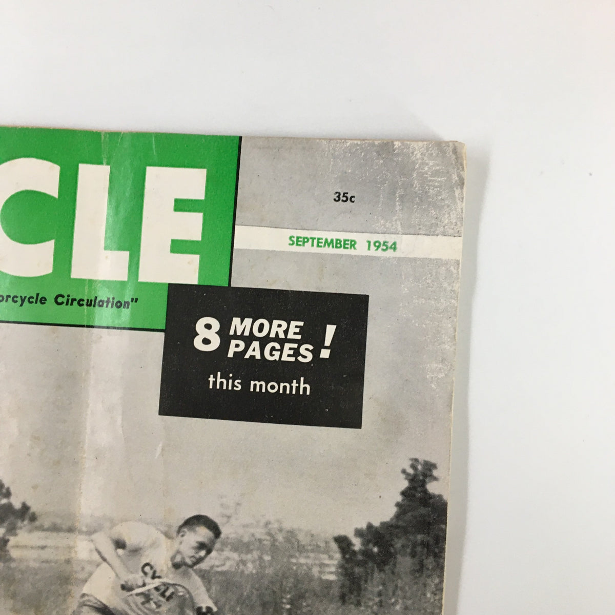 Cover of VTG Cycle Magazine September 1954 showcasing green and black design with text indicating '8 MORE PAGES!' and the month of publication, a great collectible for motorcycle enthusiasts.