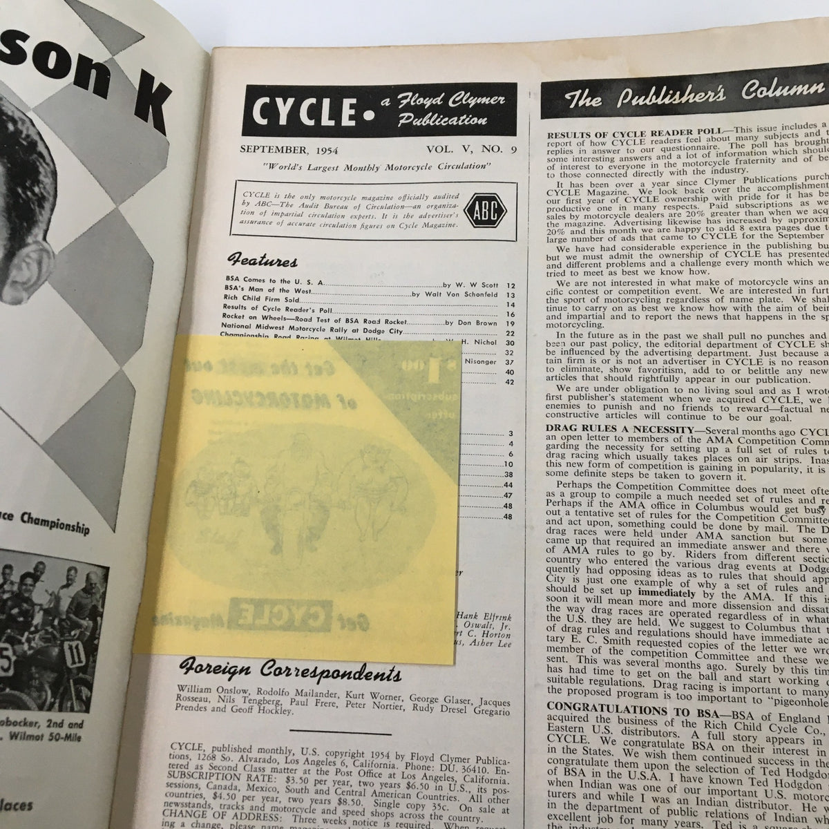 Interior page of VTG Cycle Magazine September 1954 featuring the table of contents and publisher's column, highlighting articles and insights related to motorcycle history and racing.