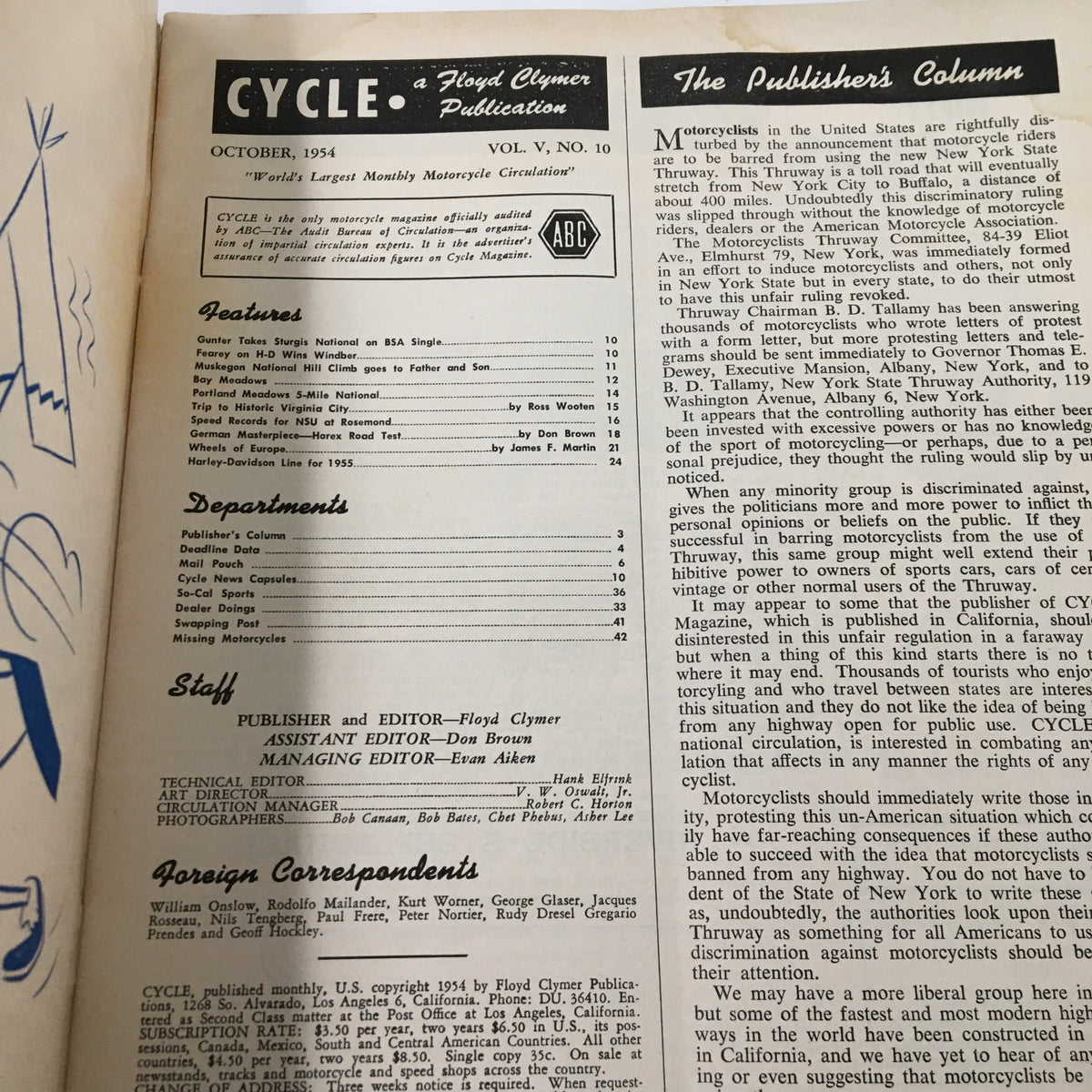 Inside page of the VTG Cycle Magazine from October 1954 featuring the table of contents and publisher's column, highlighting motorcycle articles and features including Joe Leonard and Paul Goldsmith.