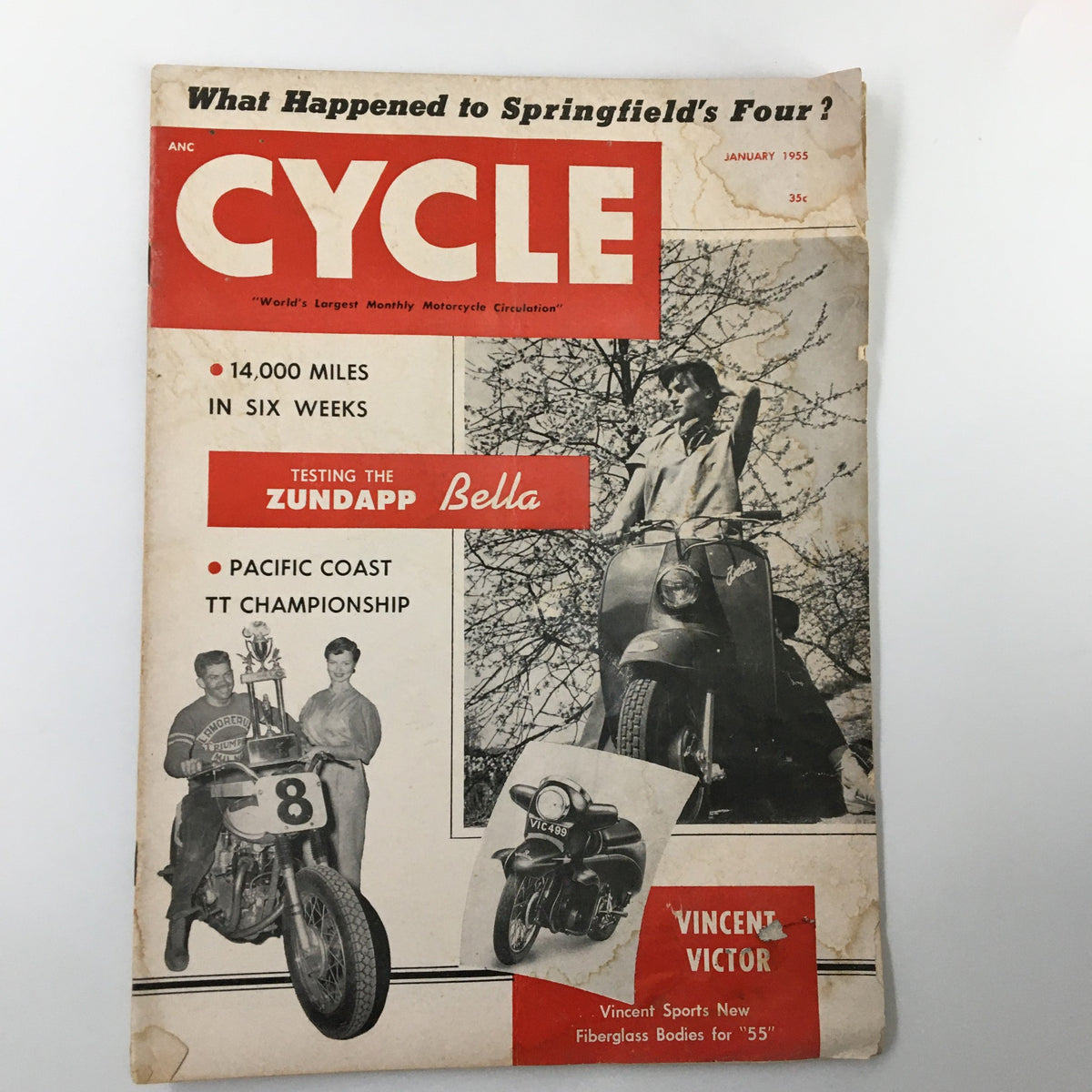 Cover of VTG Cycle Magazine January 1955 featuring articles on the Pacific Coast TT Championship and testing the Zundapp Bella scooter, showcasing vintage motorcycle culture.