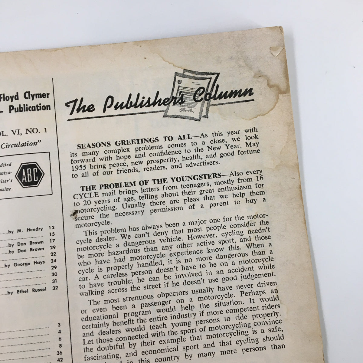 The Publisher's Column page from VTG Cycle Magazine January 1955, discussing the importance of motorcycling and inclusivity for young riders.