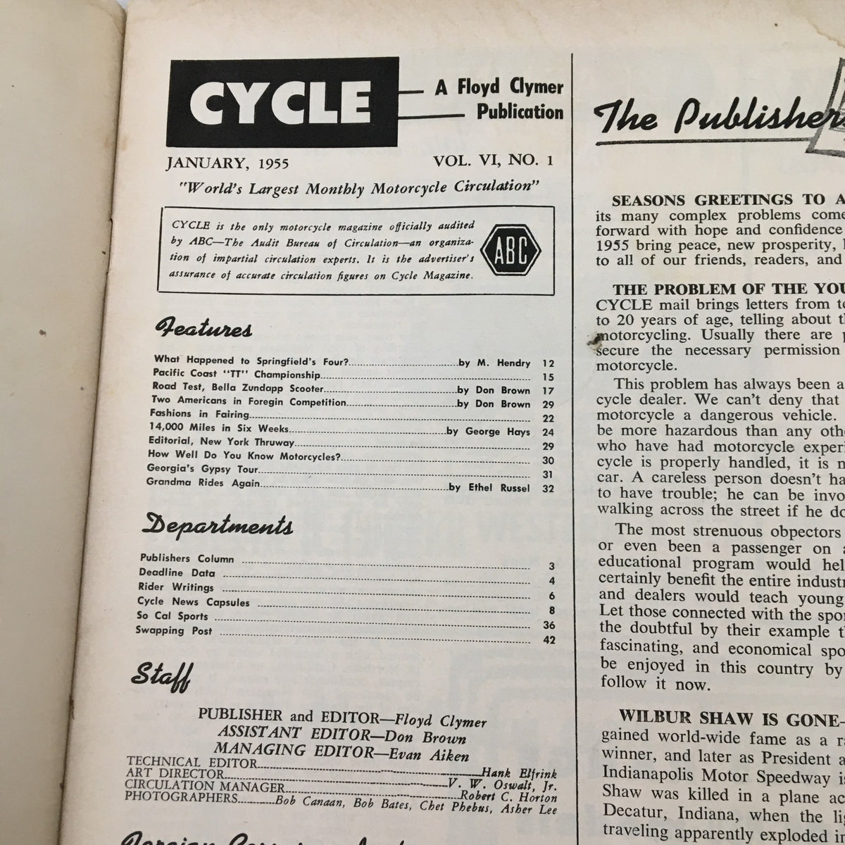 Table of contents page from VTG Cycle Magazine January 1955, listing featured articles and departments, emphasizing its historical significance in motorcycle culture.