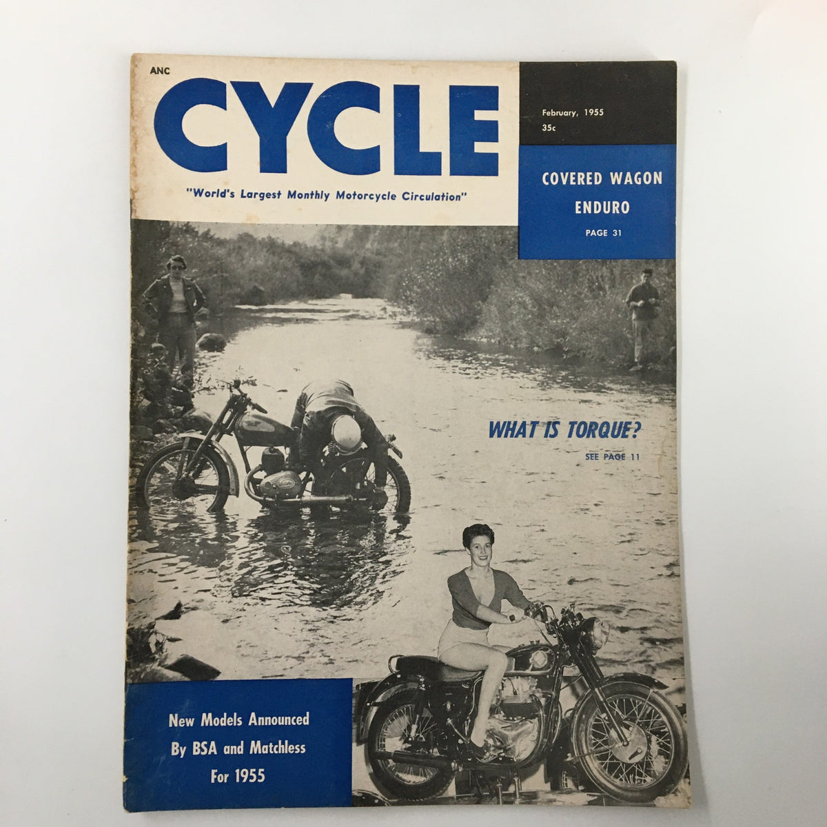 Cover of VTG Cycle Magazine February 1955 featuring the article 'Covered Wagon Enduro' and 'What is Torque?' with a vintage motorcycle scene.
