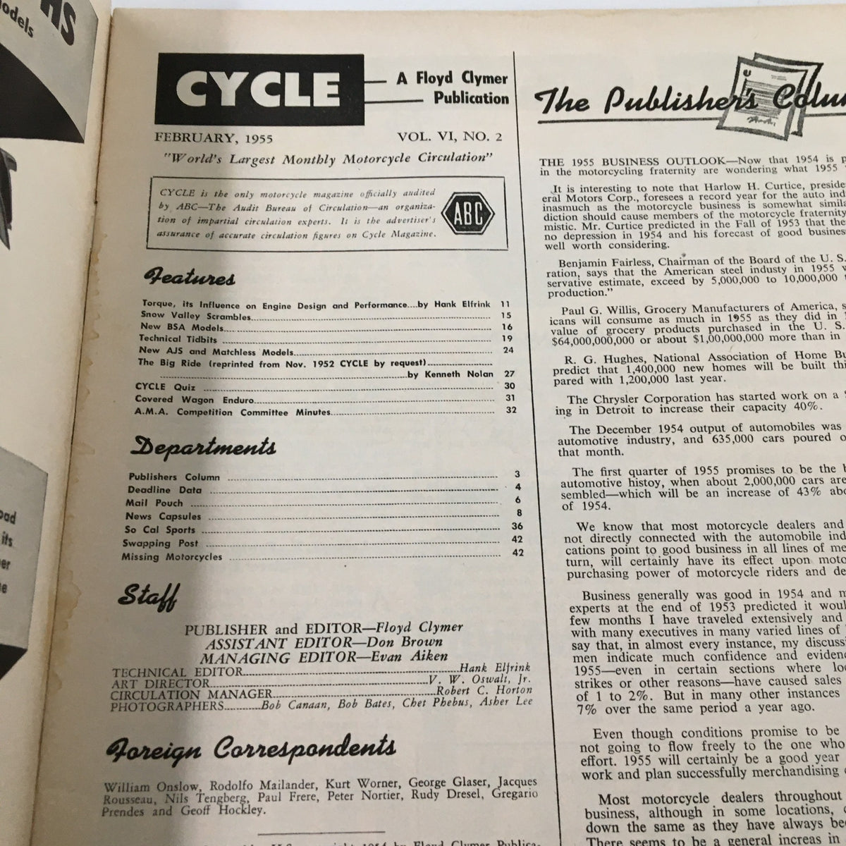 VTG Cycle Magazine February 1955 featuring table of contents with articles on Torque, Covered Wagon Enduro, and technical insights for motorcycle enthusiasts.