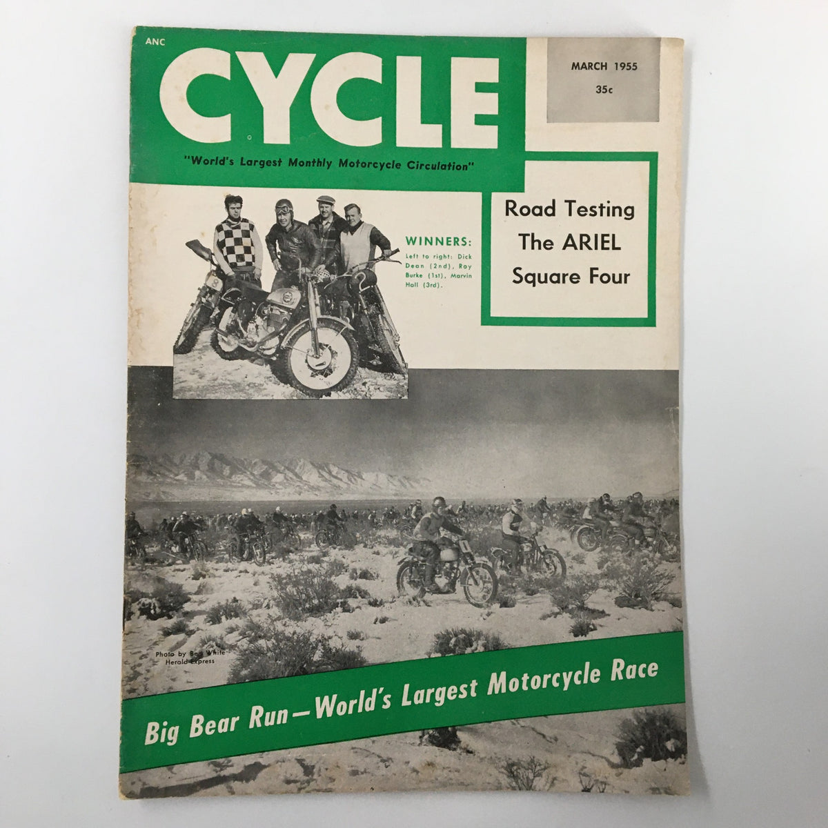 Vintage Cycle Magazine March 1955 cover featuring Road Testing The Ariel Square Four, showcasing motorcycle enthusiasts and the Big Bear Run, highlighting motorcycle culture and history.