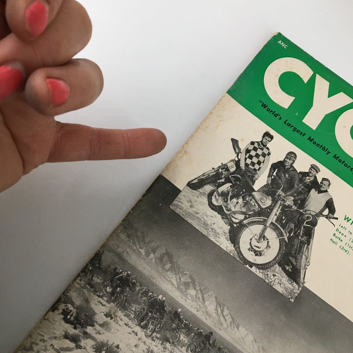 Cover of the Vintage Cycle Magazine March 1955 featuring a motorcycle and riders, highlighting road testing of the Ariel Square Four.