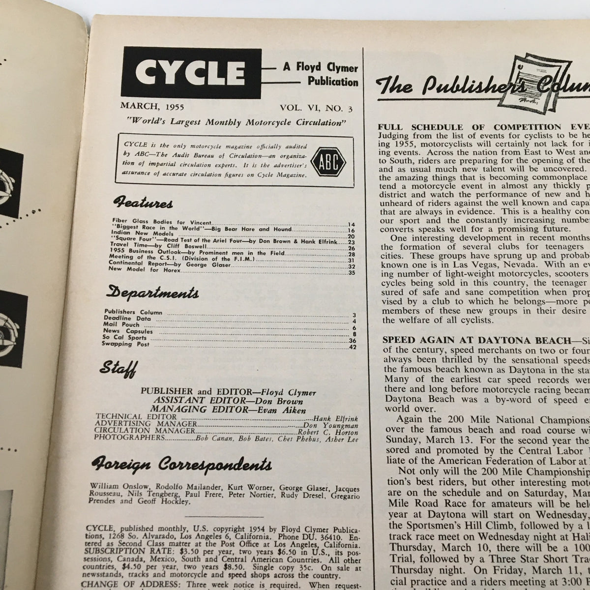 Interior page of the Vintage Cycle Magazine March 1955, displaying the publication details and features section.