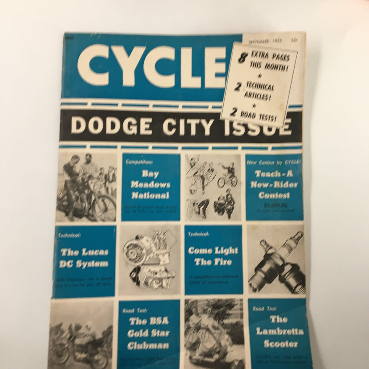 Cover of the September 1955 issue of Cycle Magazine showcasing the title 'VTG Cycle Magazine September 1955 Joe Leonard Wins Windber Road Race'. Features include a blue and white color scheme with various motorcycle-related articles and images.