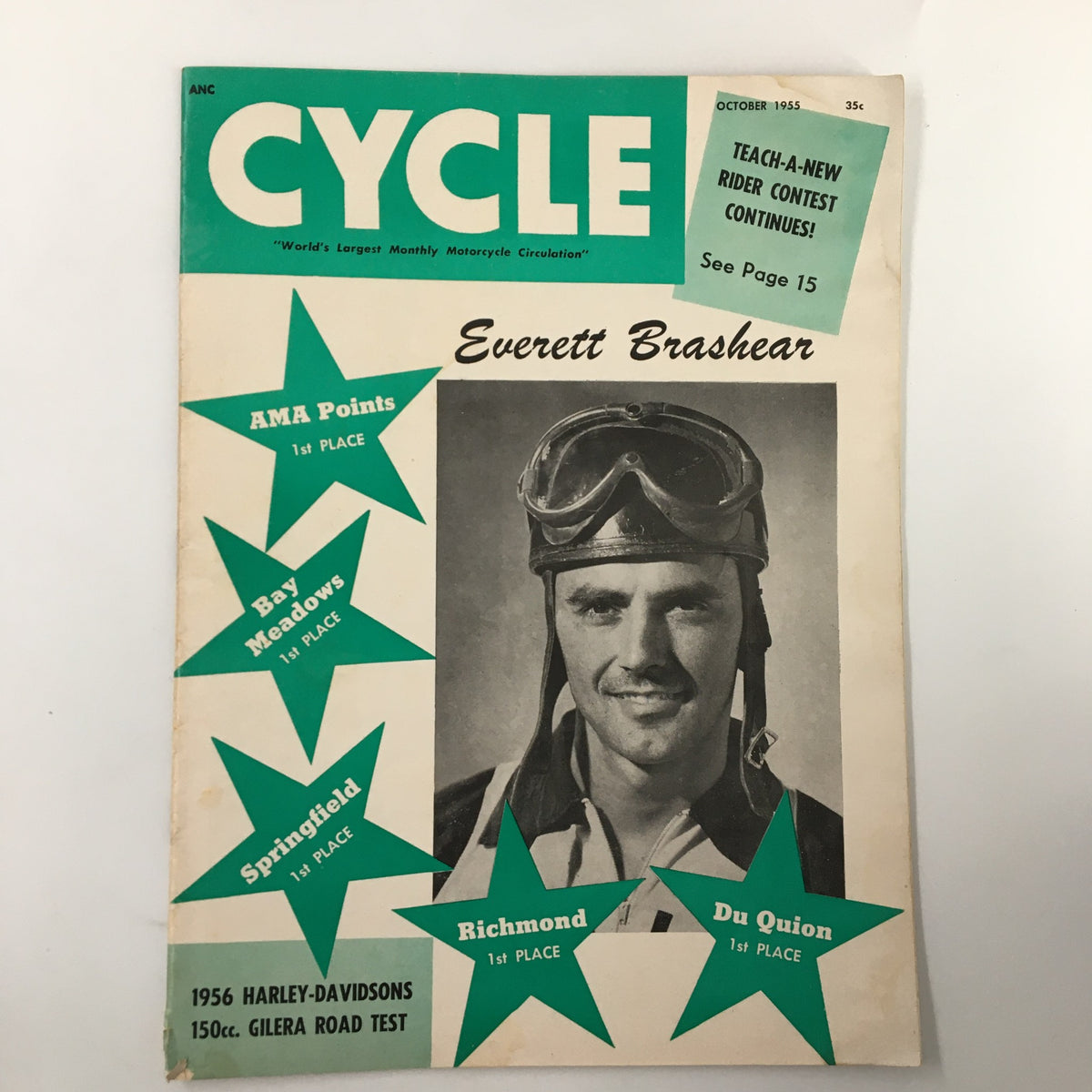 Cover of VTG Cycle Magazine October 1955 featuring Everett Brashear, highlighting AMA Points 1st Place and various racing events.