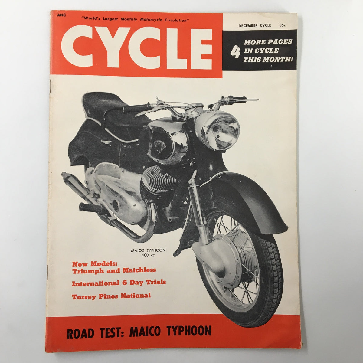 Cover of VTG Cycle Magazine December 1955 featuring a road test of the Maico Typhoon motorcycle. Showcasing vintage design elements and highlighting features of motorcycles from the 1950s.