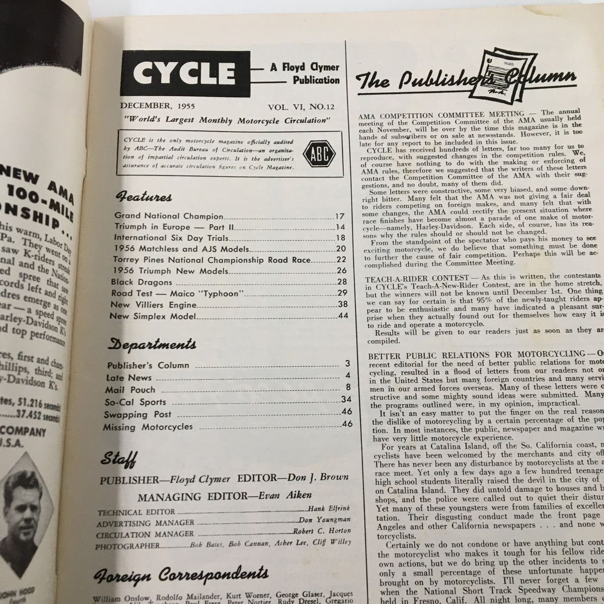 December 1955 issue of Cycle Magazine featuring the table of contents, highlighting the road test of the Maico Typhoon. This collectible vintage magazine showcases significant motorcycle features, articles, and engineering advancements from the 1950s.
