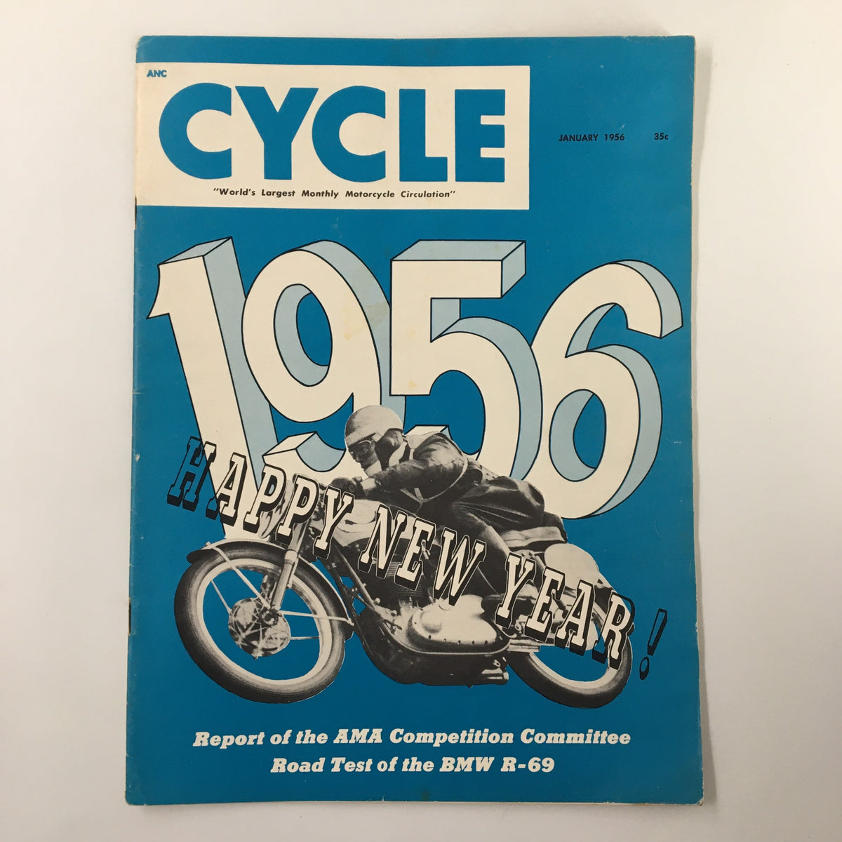 Cover of VTG Cycle Magazine January 1956 featuring a motorcycle rider, with bold text announcing '1956 HAPPY NEW YEAR!' and a report from the AMA Competition Committee.