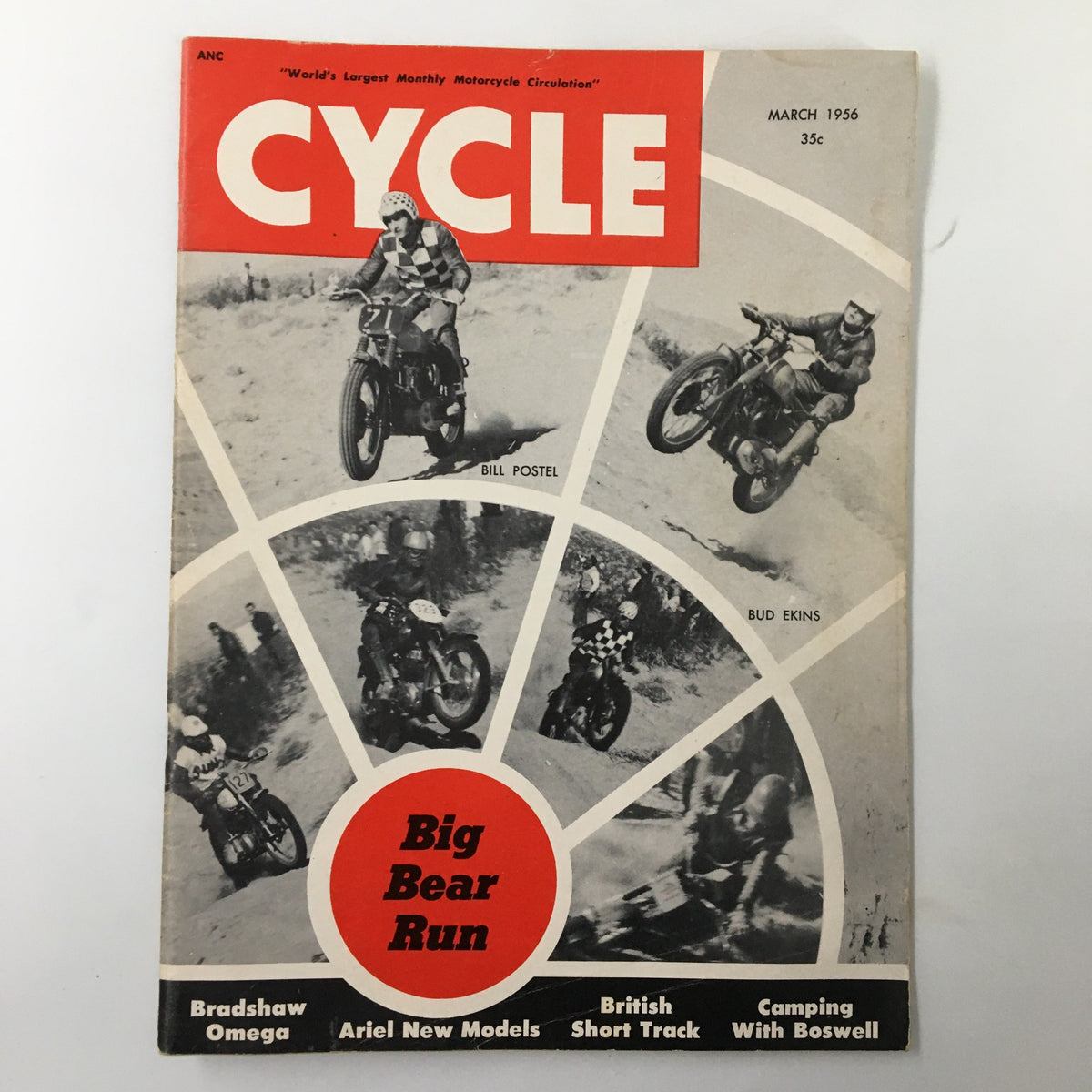 VTG Cycle Magazine March 1956 cover showcasing the Big Bear Run with images of motorcycle racers Bill Postel and Bud Ekins, highlighting the revolutionary new Bradshaw engine.
