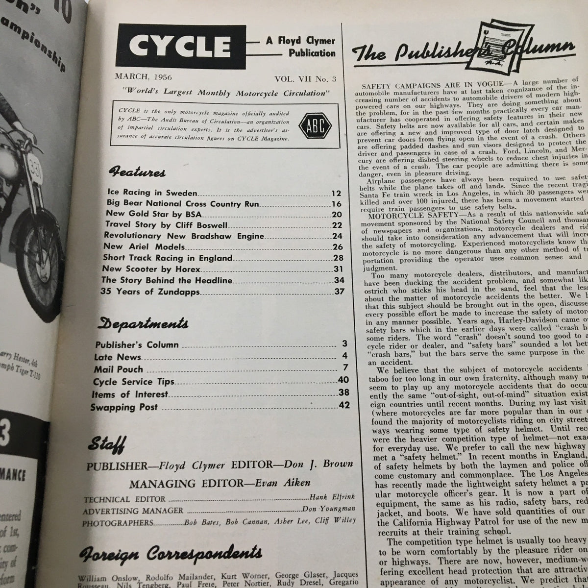 Interior page of VTG Cycle Magazine March 1956 displaying the table of contents, featuring articles like 'Revolutionary New Bradshaw Engine' and 'Big Bear National Cross Country Run'.