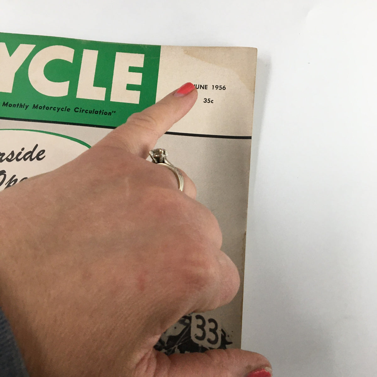 Close-up of the June 1956 date on the cover of VTG Cycle Magazine, highlighting its collectible status as a vintage piece.