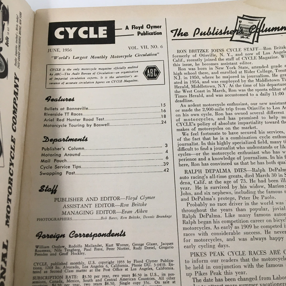 Inside page of VTG Cycle Magazine June 1956 showcasing the table of contents with features about classic motorcycles, including the Ariel Red Hunter road test.