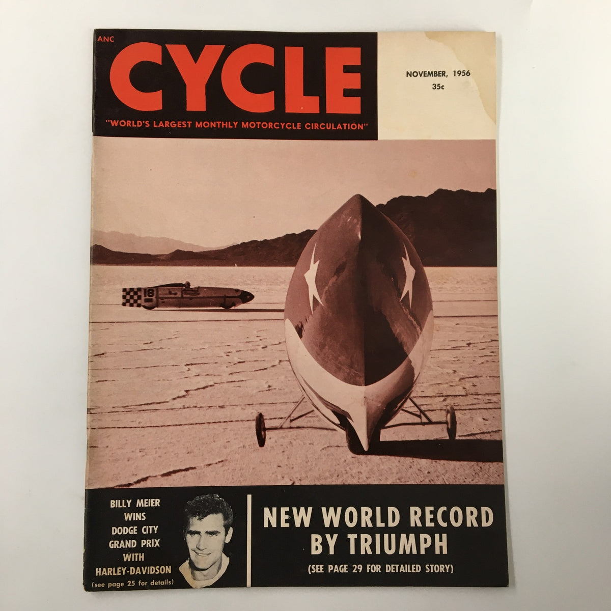 VTG Cycle Magazine November 1956 cover featuring Billy Meir winning the Dodge City Grand Prix, showcasing motorcycle racing history.