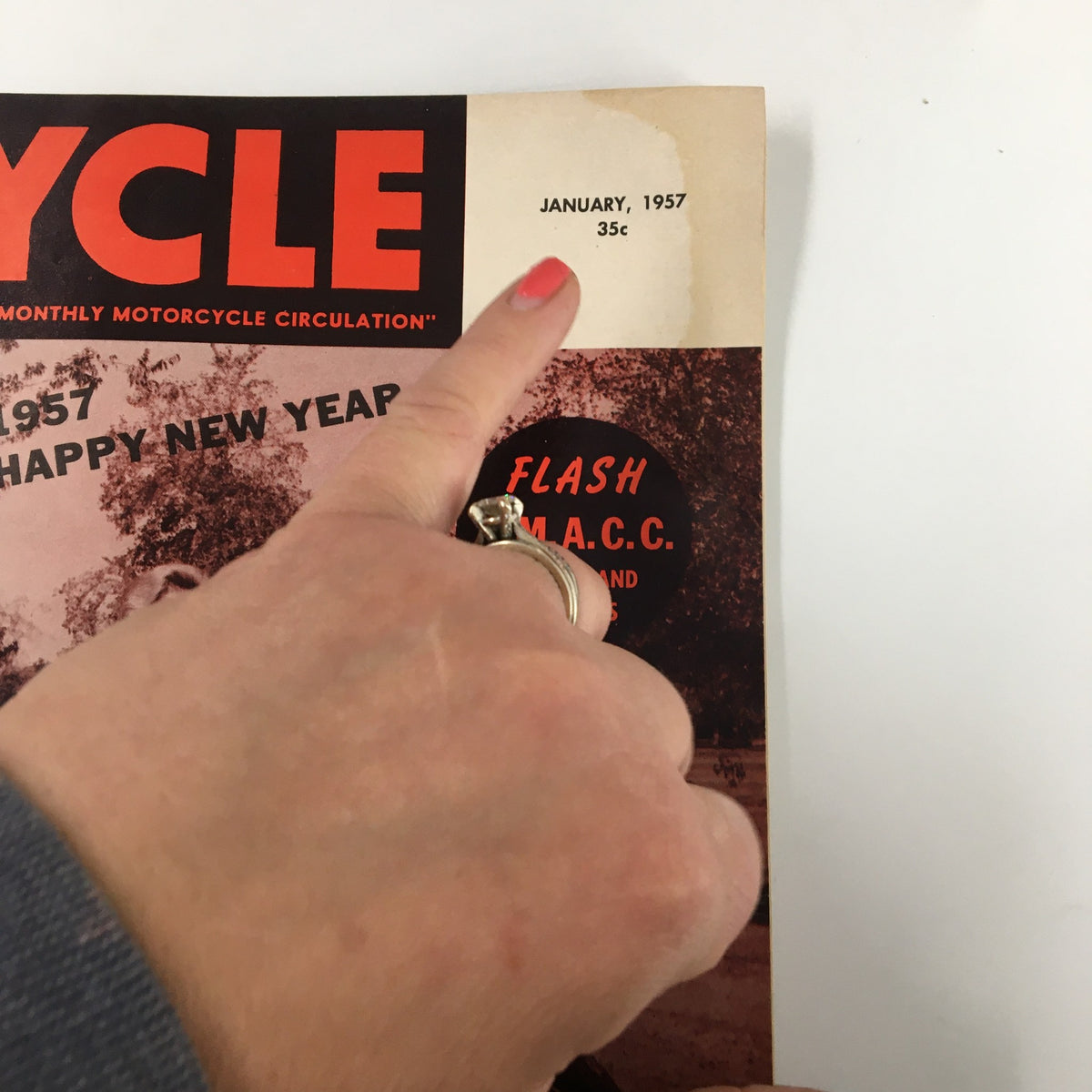 Close-up view of the VTG Cycle Magazine January 1957 cover, highlighting the 'January, 1957' date and 35 cent price, with additional context on the Greeves Enduro Road Test.