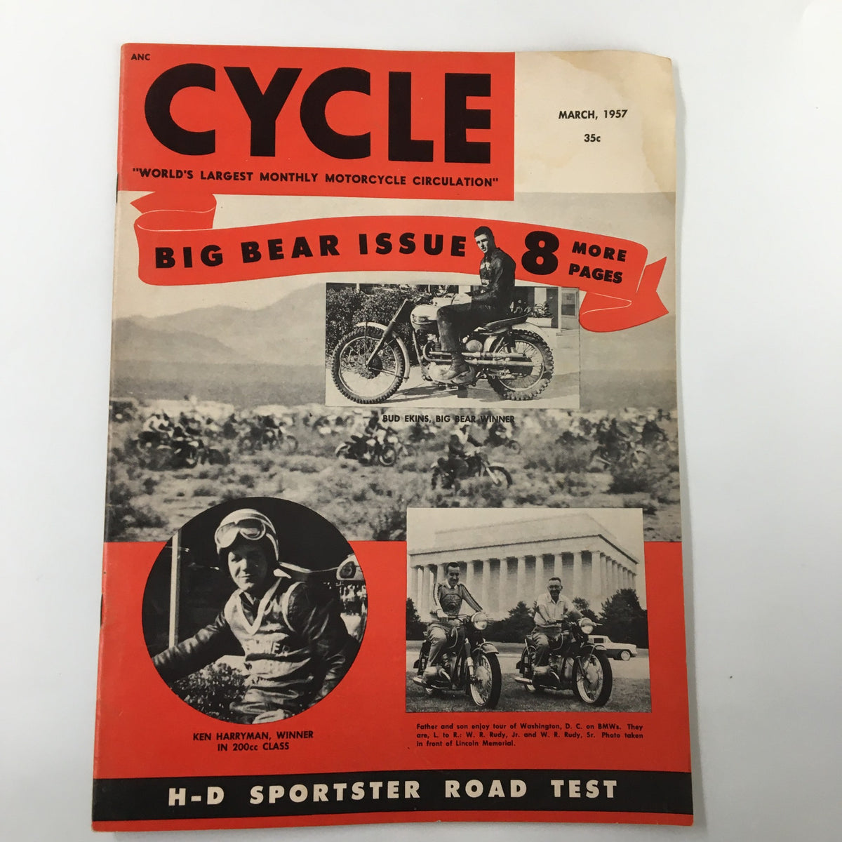 Cover of VTG Cycle Magazine March 1957 featuring Ken Harryman, winner in the 200cc class, showcasing vintage motorcycle racing with vibrant colors and images of motocross scenes.